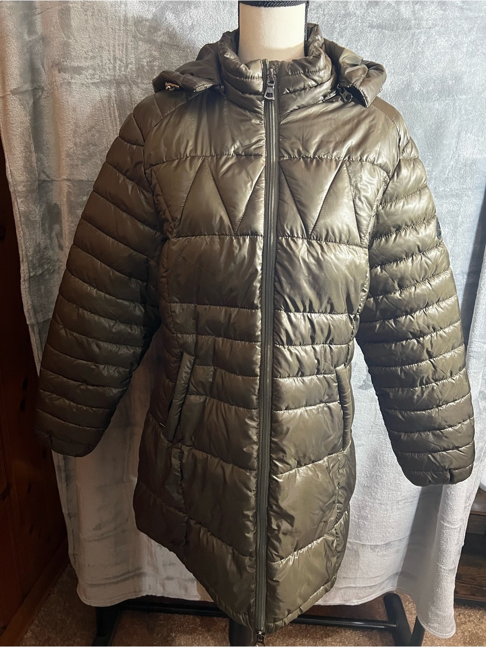 Aspire Olive Hooded Quilted Puffer Coat